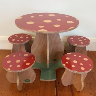 red toadstool table and 4 stool set
